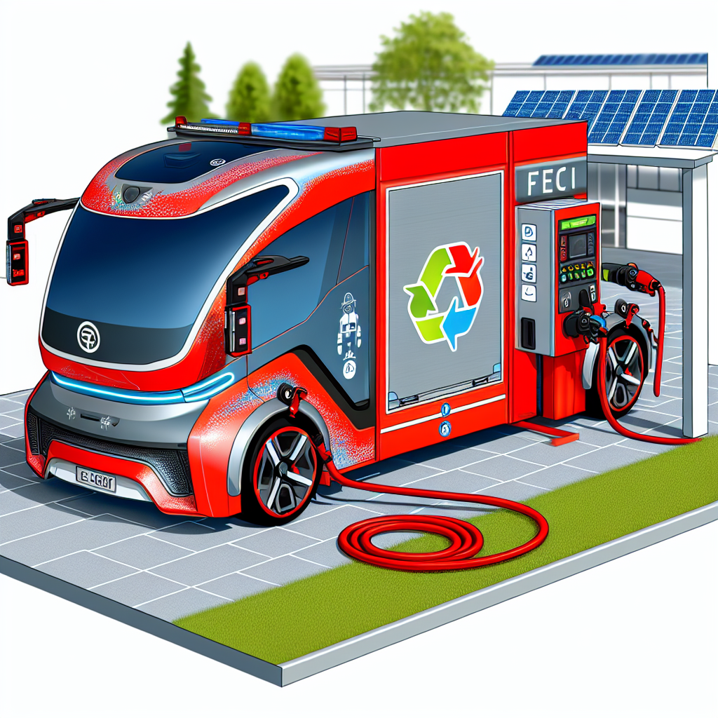 Diagram of an electric fire truck showing its main features and charging connections