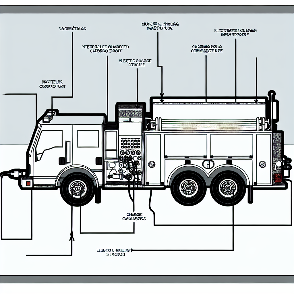 Diagram of an electric fire truck showing its main features and charging connections