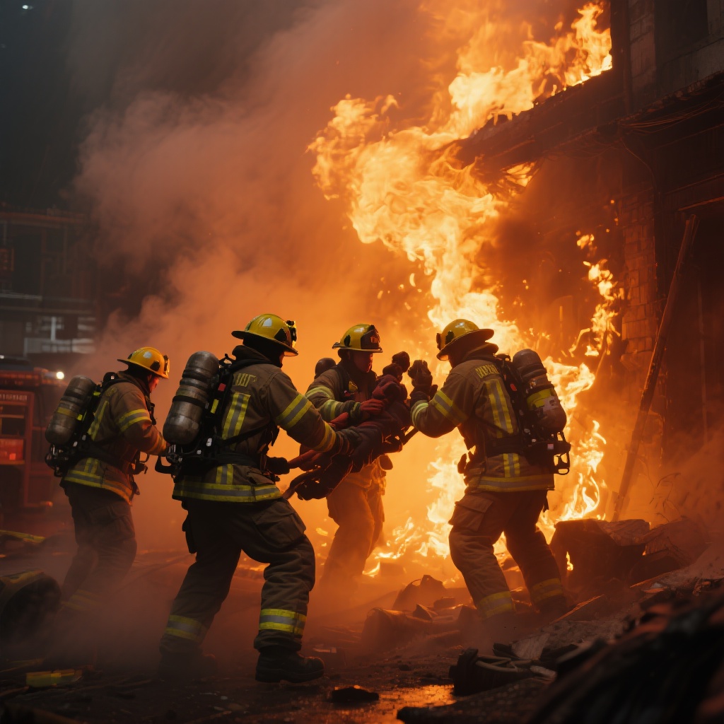 Dramatic scene depicting fire and rescue operations in action