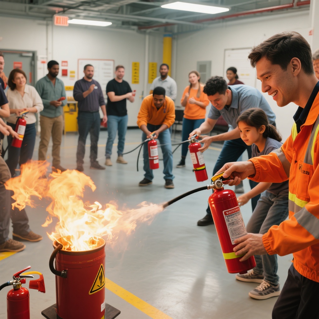 An engaging fire safety training session featuring diverse participants actively involved in hands-on practical lessons.