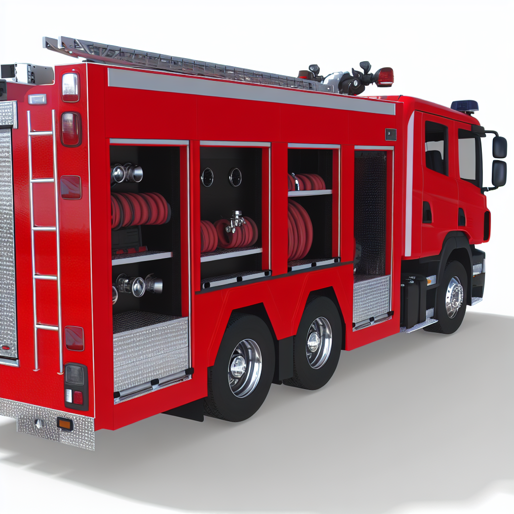 A modern pumper fire truck showcasing its design features including hosebed height and compartmentation.