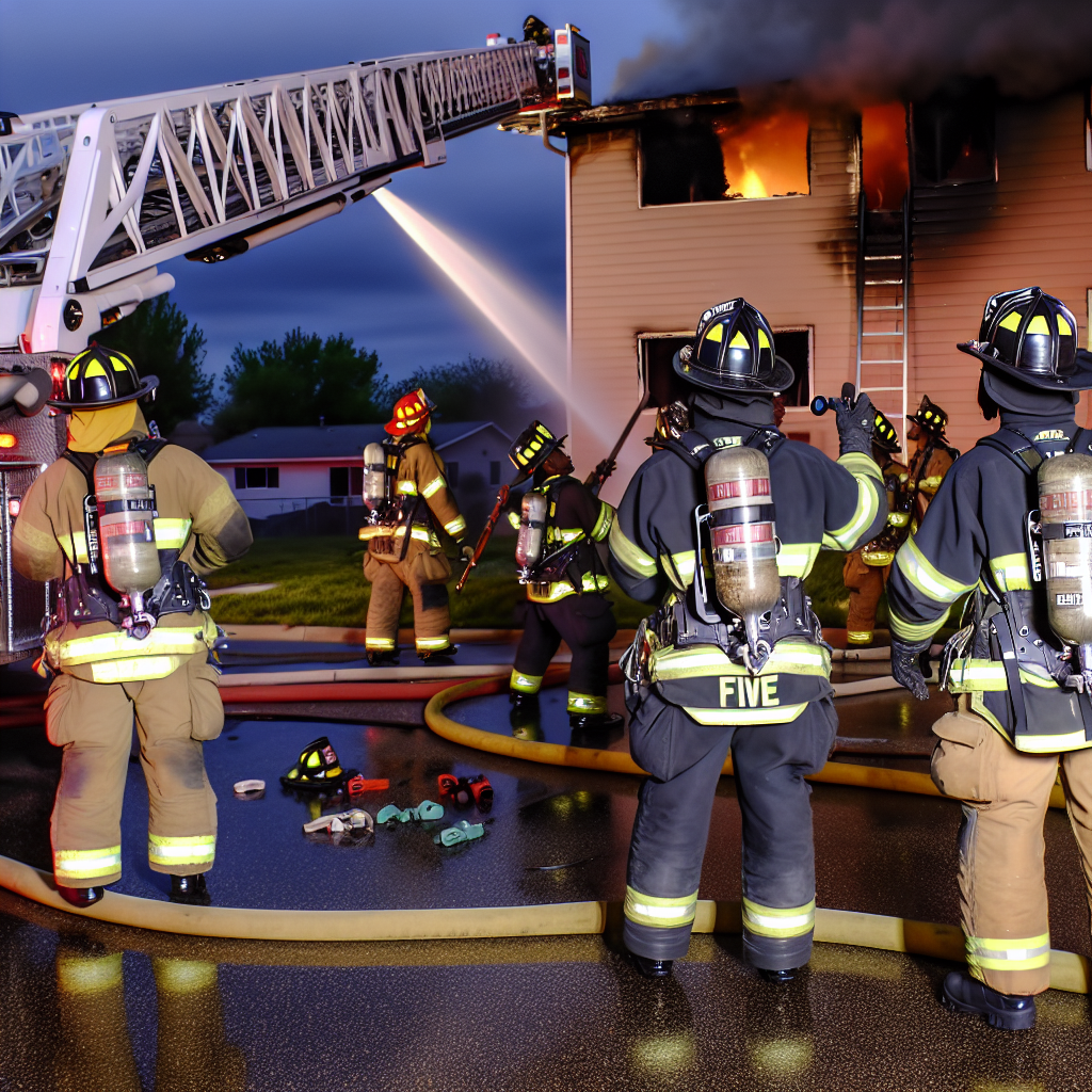 Rear mount aerial ladder in action at a fire scene