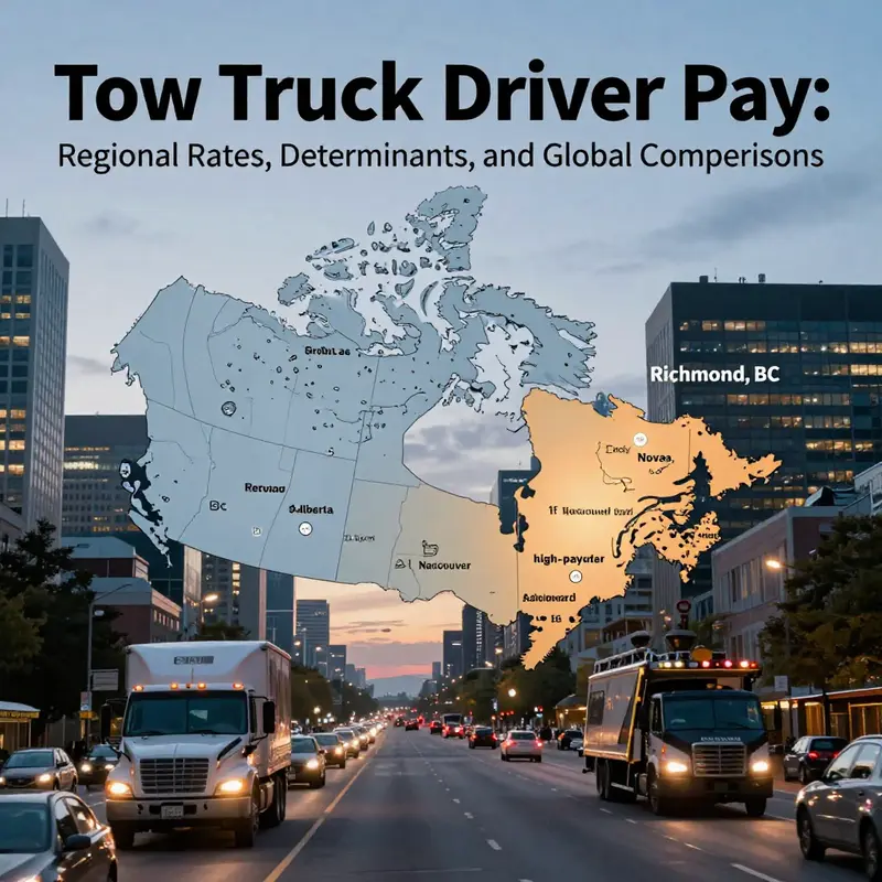 Geographic pay contrasts for tow truck drivers, highlighting higher rates in hubs like Richmond, BC.