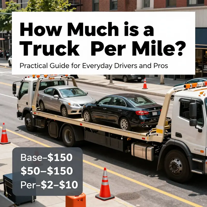 Tow truck on a city street illustrating base fees and per-mile pricing.