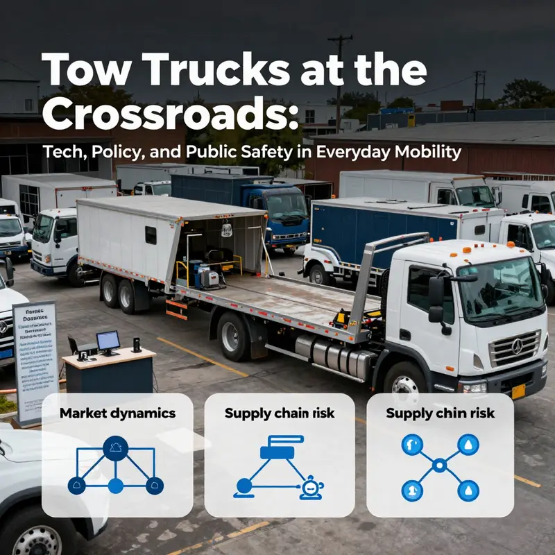 Tow truck in active recovery mode displaying hydraulic lift, remote winch, and GPS monitoring.