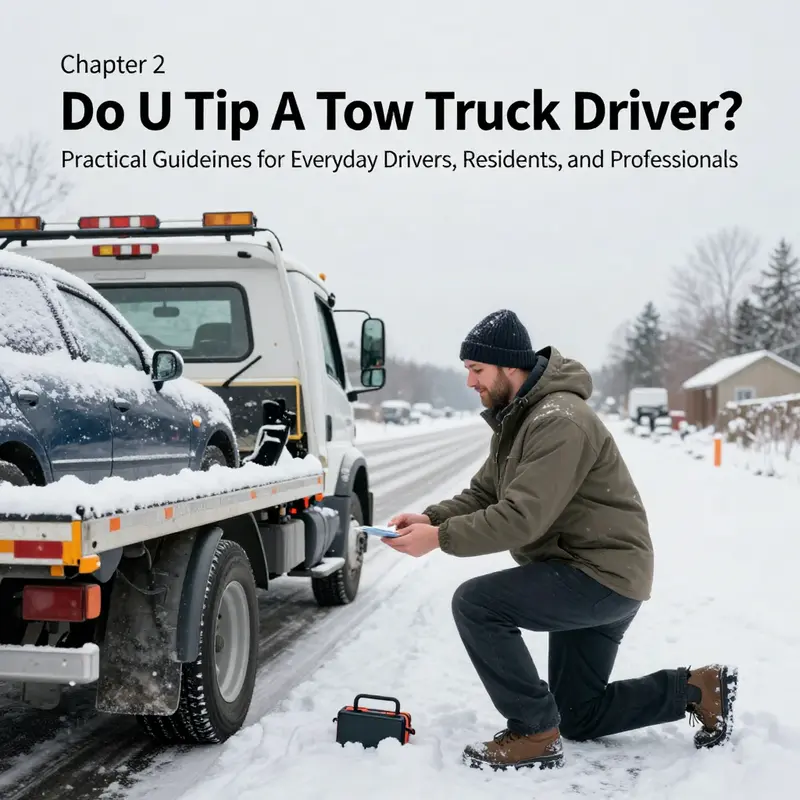 This scene illustrates standard towing etiquette: service charges are included, tipping is not expected.