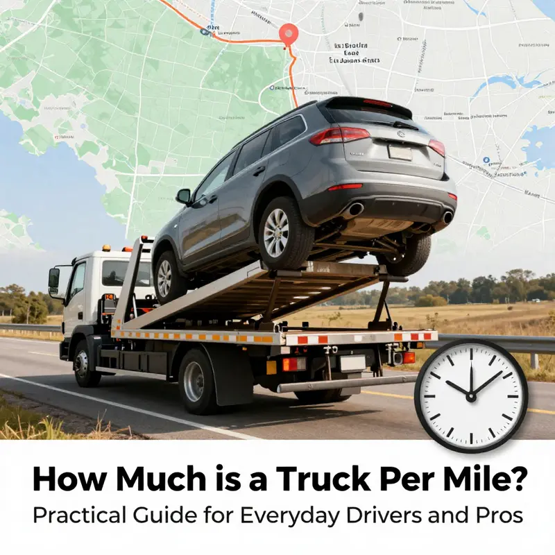 Tow truck on a city street illustrating base fees and per-mile pricing.