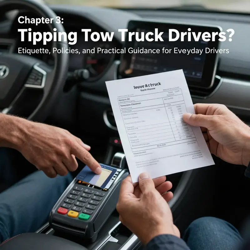 Tow truck driver and motorist share a courteous moment, highlighting etiquette and expectations around gratuity after roadside assistance.