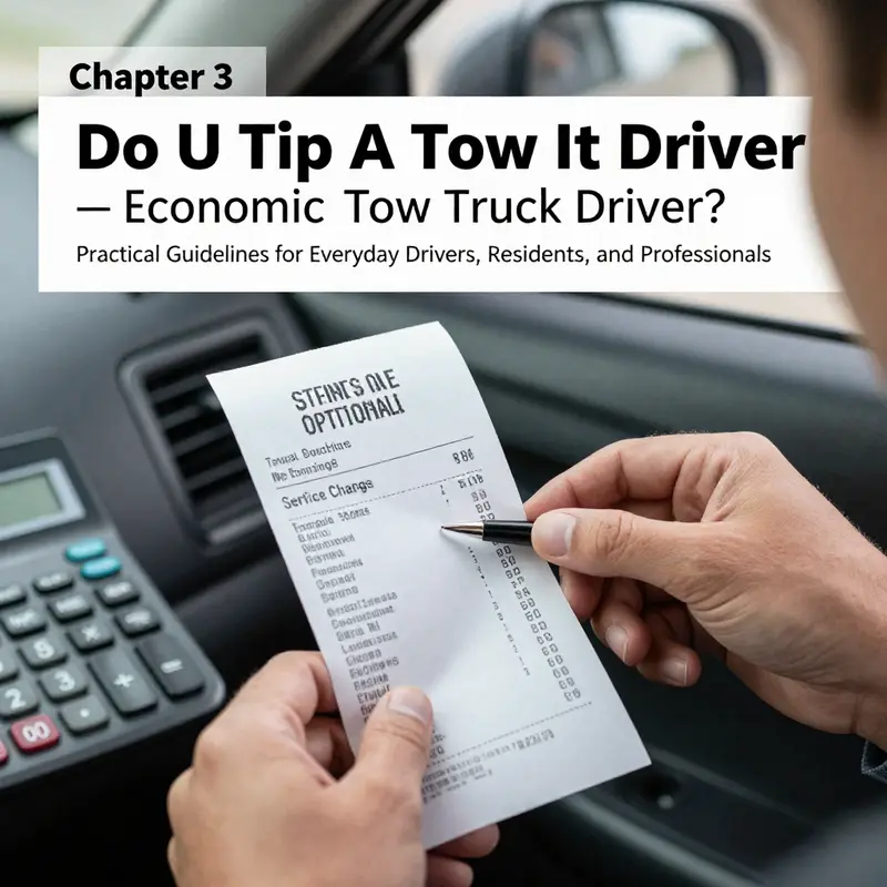 This scene illustrates standard towing etiquette: service charges are included, tipping is not expected.