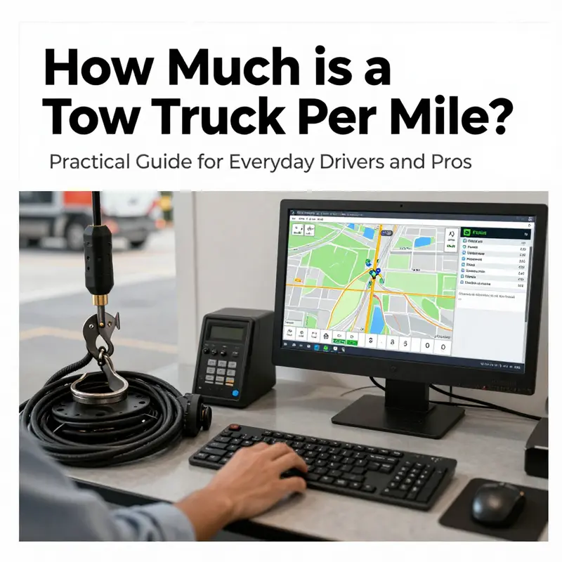 Tow truck on a city street illustrating base fees and per-mile pricing.