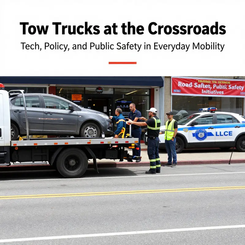 Tow truck in active recovery mode displaying hydraulic lift, remote winch, and GPS monitoring.