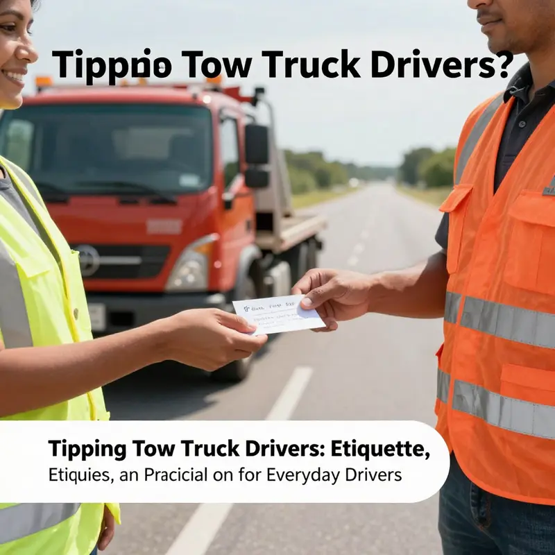 Tow truck driver and motorist share a courteous moment, highlighting etiquette and expectations around gratuity after roadside assistance.