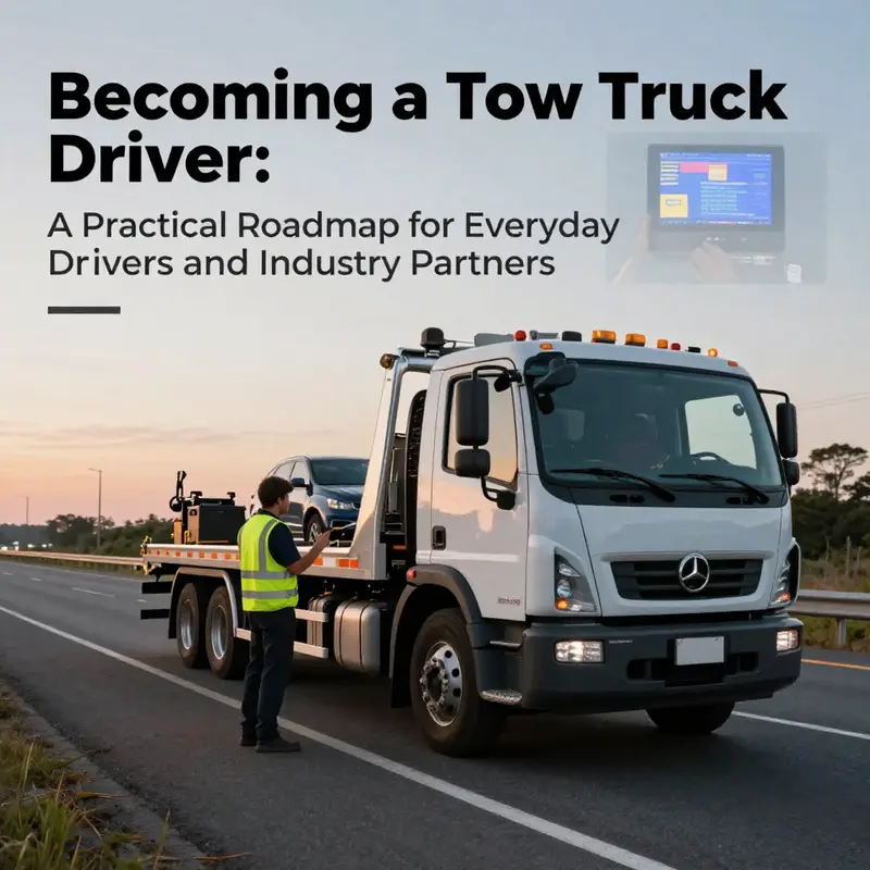 Tow truck on a highway shoulder at dawn with a trainee reviewing a checklist and a dispatcher in the background.