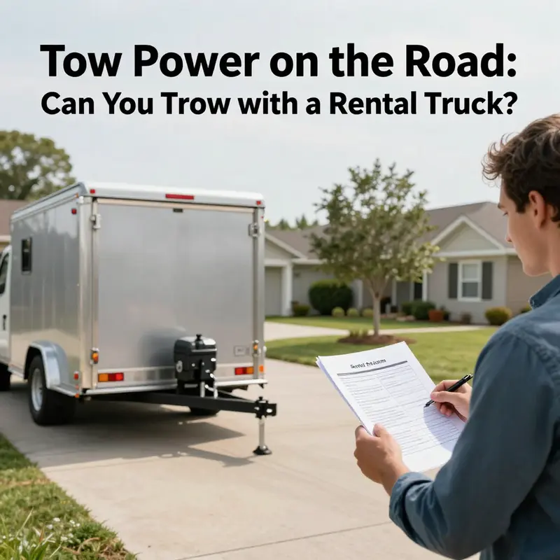 Rental truck with trailer in a suburban driveway, driver reviewing towing terms and safety checklist.