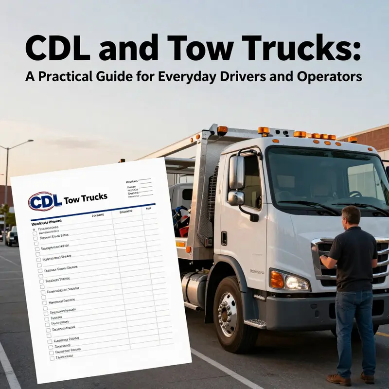 Cover image of a tow truck and operator emphasizing CDL requirements and safety.