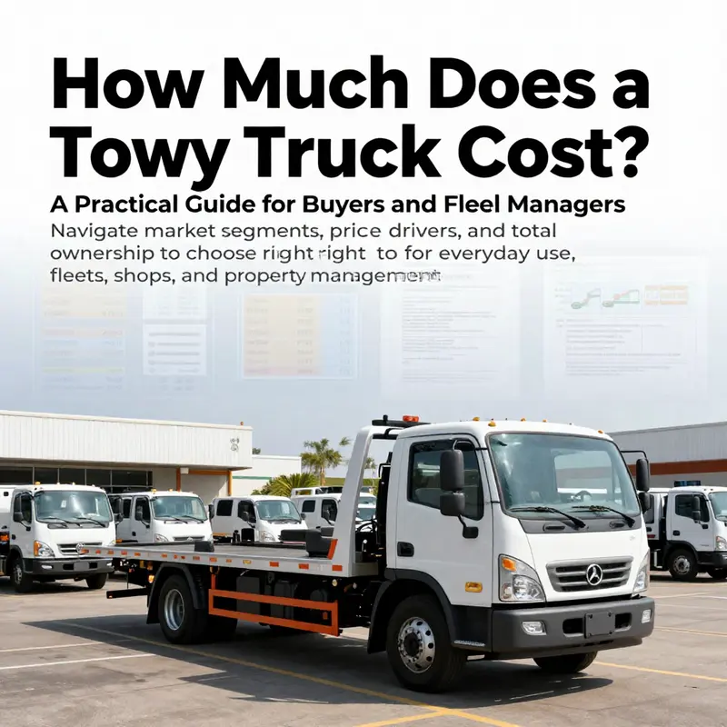 Photorealistic cover image of tow trucks with price boards and charts in a dealership setting.