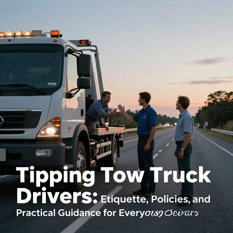Tow truck on a dimly lit highway shoulder with a driver and motorist exchanging a courteous gesture of appreciation.