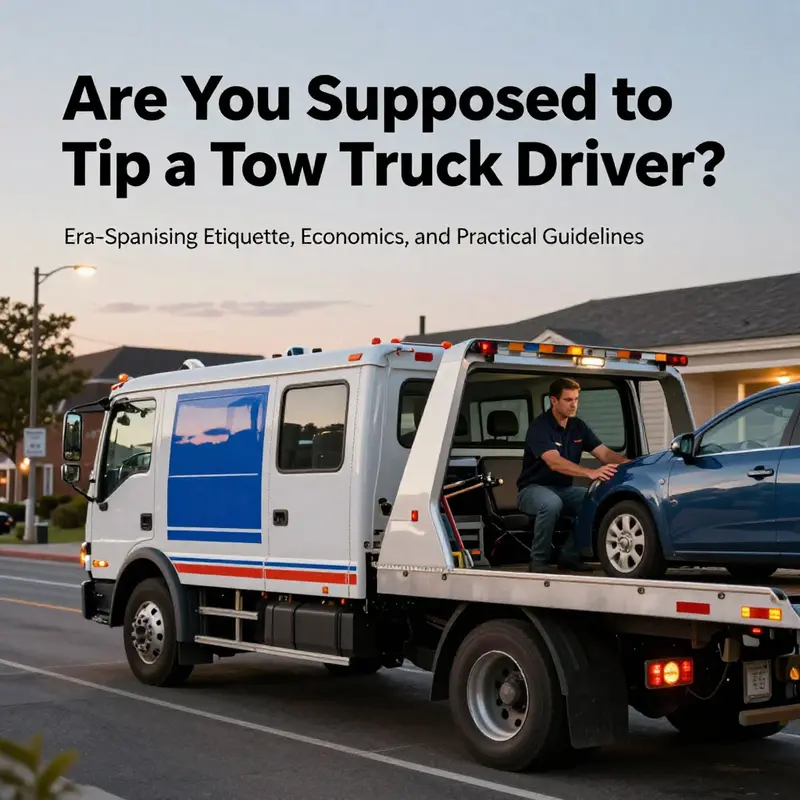 Tow truck on a city street at dusk, symbolizing towing etiquette and tipping considerations.