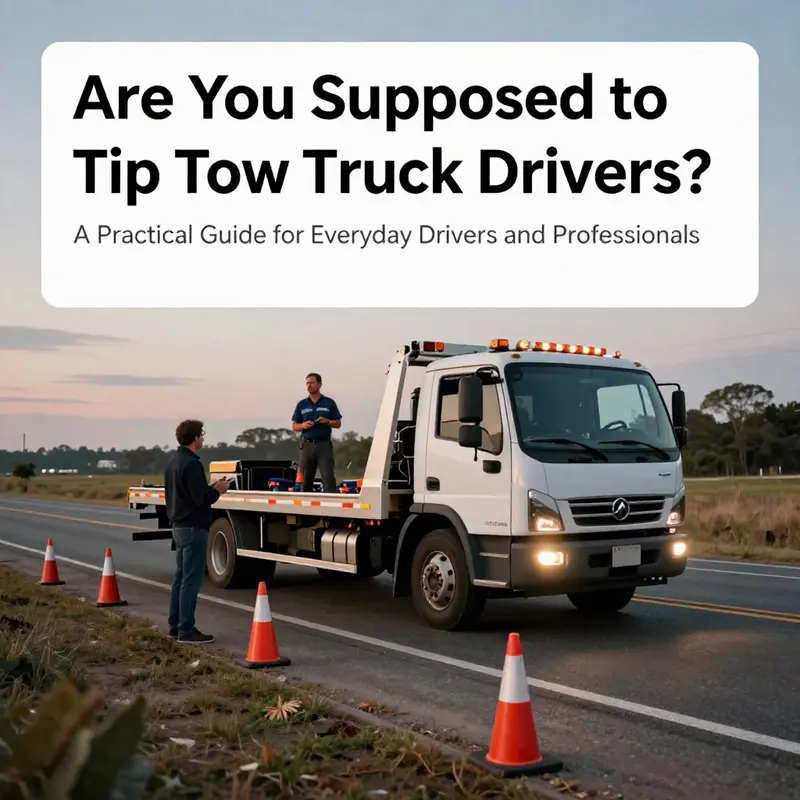 Tow truck on a highway shoulder with driver and motorist discussing service and tipping.
