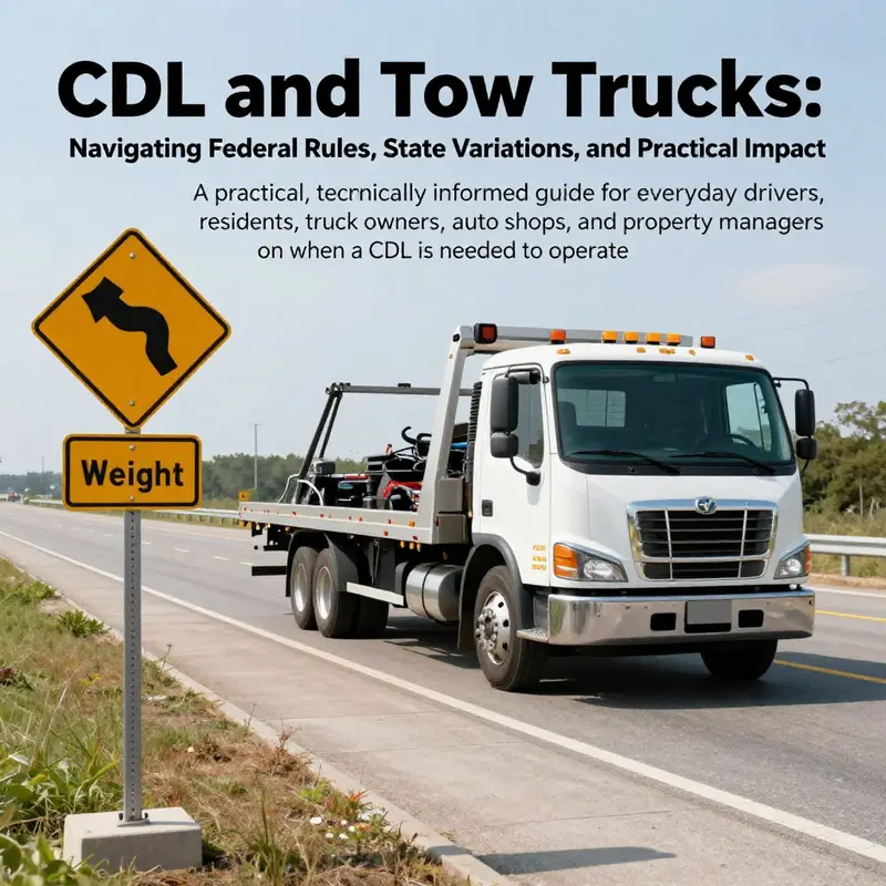 Tow truck on a highway shoulder next to weight and regulatory signage illustrating CDL eligibility.
