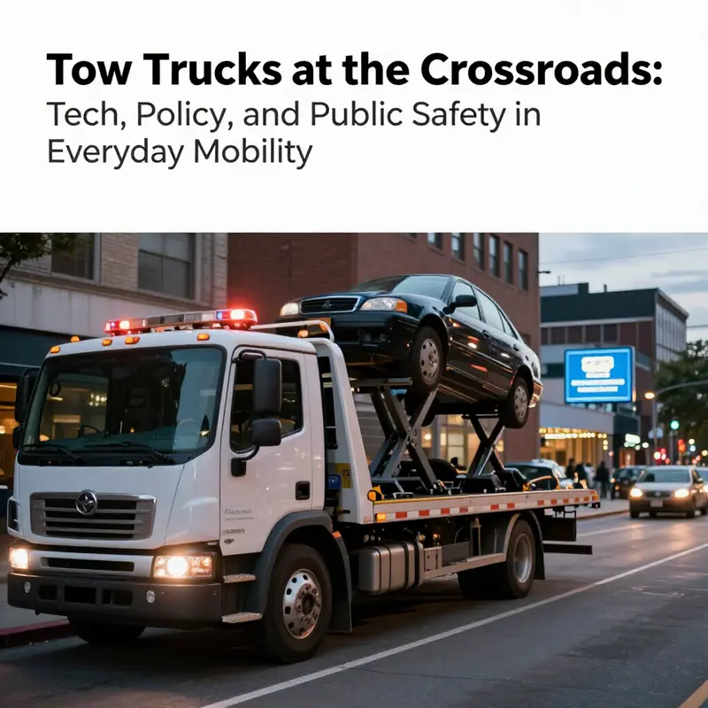 A modern tow truck lifting a vehicle on an urban street, with emergency lighting and a fleet backdrop.