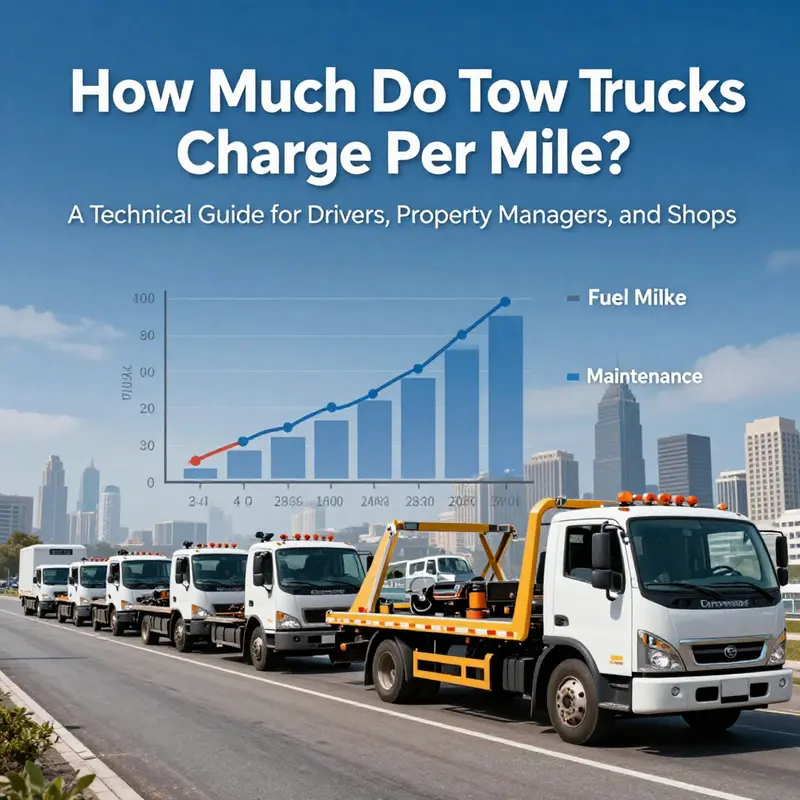 Base fees and per-mile rates illustrated on a pricing display alongside a tow truck.