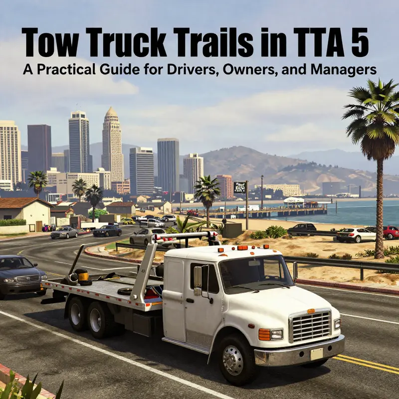 Photo-realistic cover image showing a GTA 5 tow truck across a map with urban and rural backdrops.