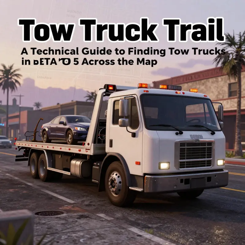 Tow truck on a gritty GTA 5 street with a map overlay for a location guide.