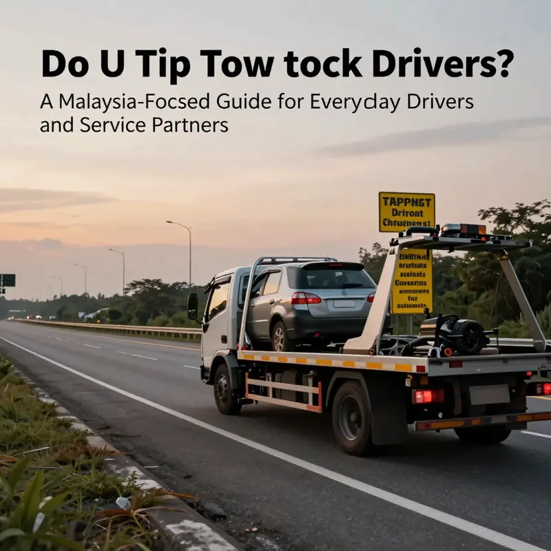 Roadside tow truck assisting a vehicle on a Malaysian highway at dusk, representing tipping norms and upfront charges.