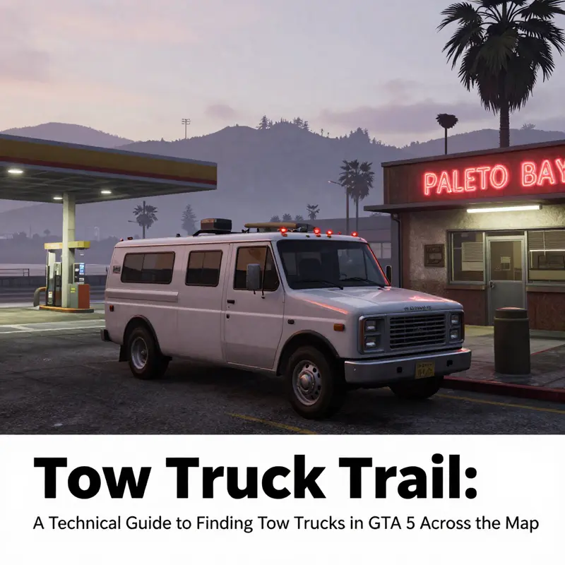 Classic Tow Truck parked outside Custom Works in Paleto Bay, a reliable guaranteed spawn point.