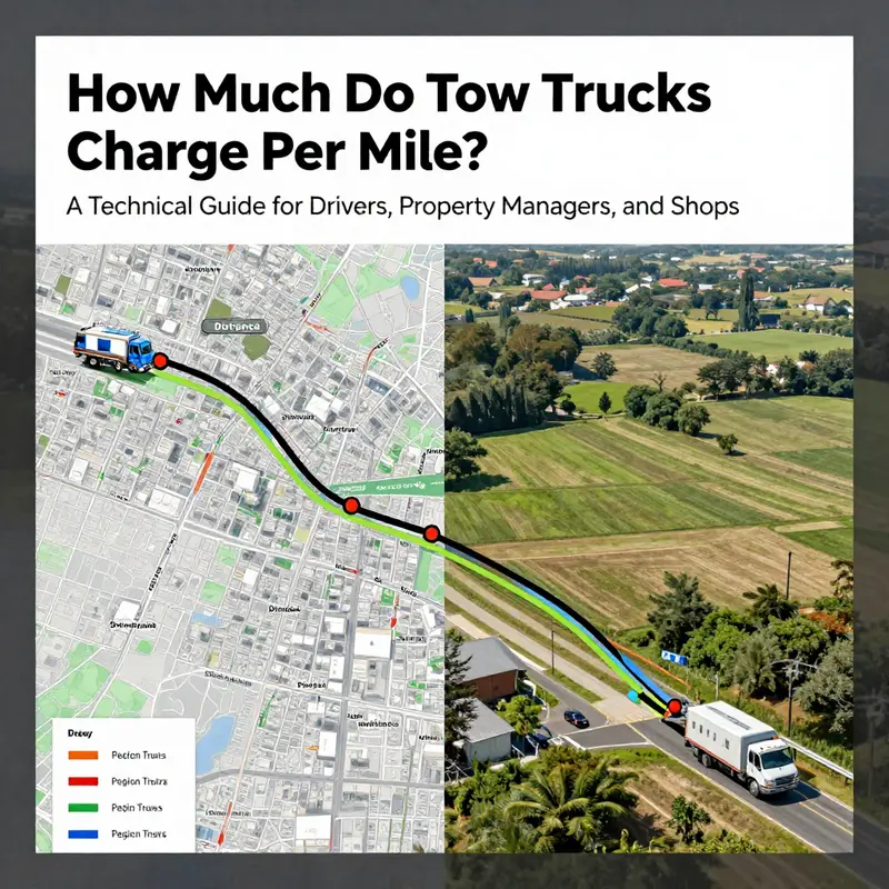 Base fees and per-mile rates illustrated on a pricing display alongside a tow truck.