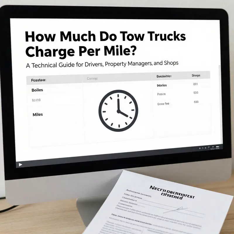 Base fees and per-mile rates illustrated on a pricing display alongside a tow truck.