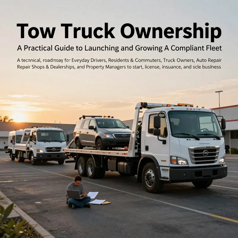 Wide shot of tow trucks in a yard with a manager reviewing documents and a laptop, conveying business ownership.