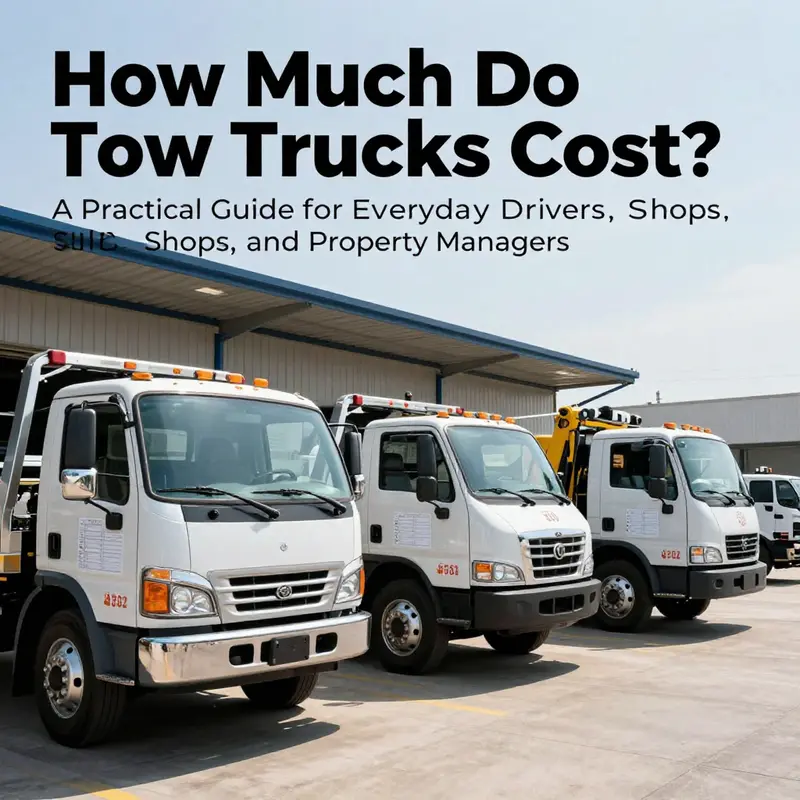 Lineup of tow trucks including light-, medium-, and heavy-duty models displayed on a service lot with price tags and spec sheets.