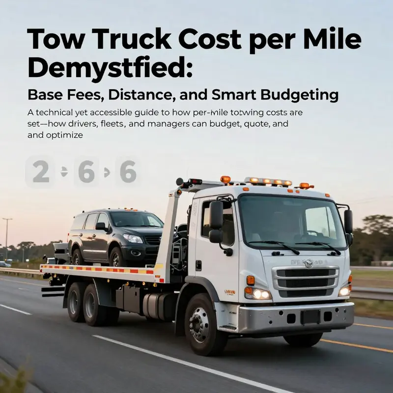 Tow truck on a highway with pricing and distance graphics illustrating cost per mile.
