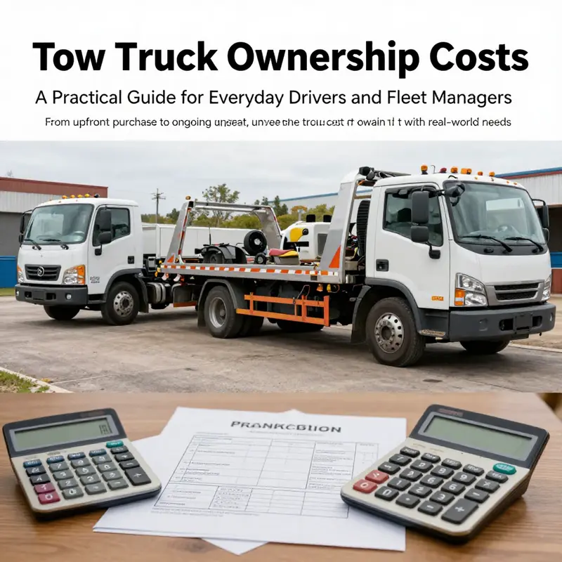Tow yard with varied tow trucks and planning tools illustrating ownership costs.