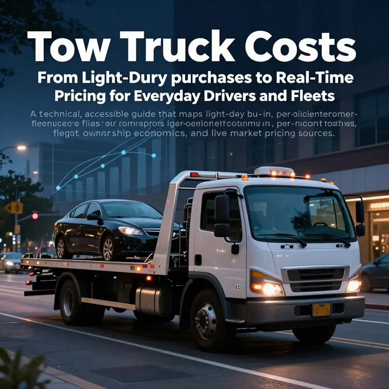 Tow truck with a secured car on a flatbed on an urban street during dusk, representing cost-focused content.