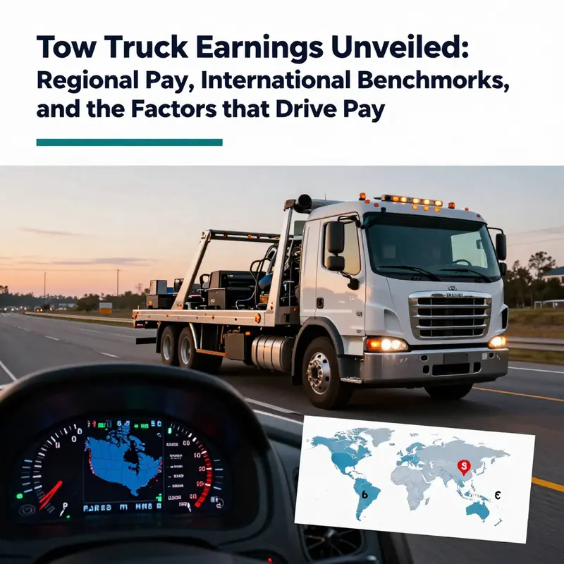 Tow truck on a highway with wage charts and a world map displaying earnings differences by region.