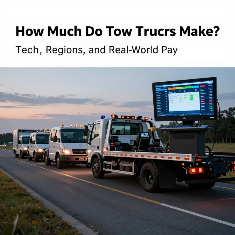 Dusk roadside with tow trucks and a dispatch dashboard showing earnings data