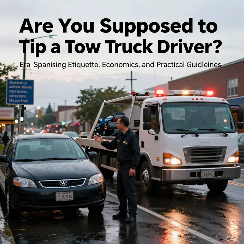 Tow-truck assistance on a city street in uncertain conditions, illustrating the context where tipping decisions arise and the norms that influence them.