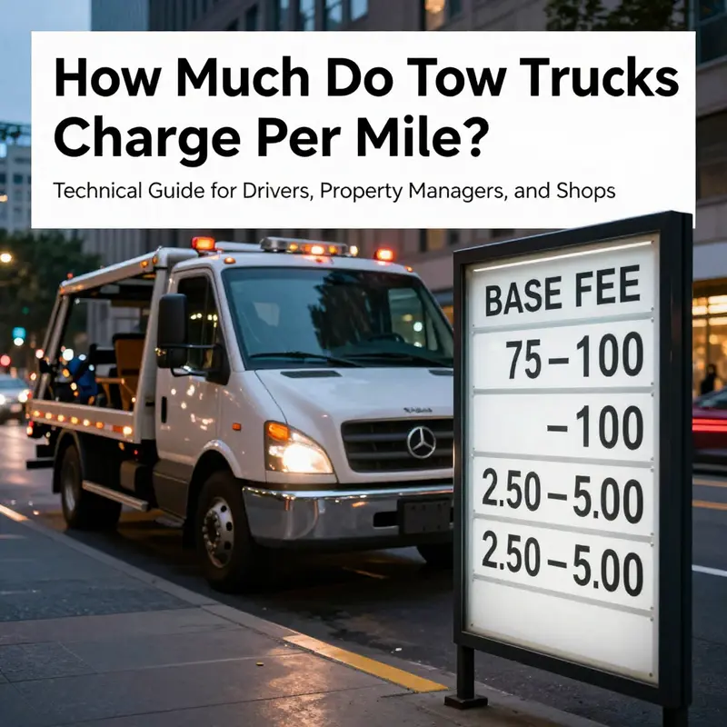 Base fees and per-mile rates illustrated on a pricing display alongside a tow truck.