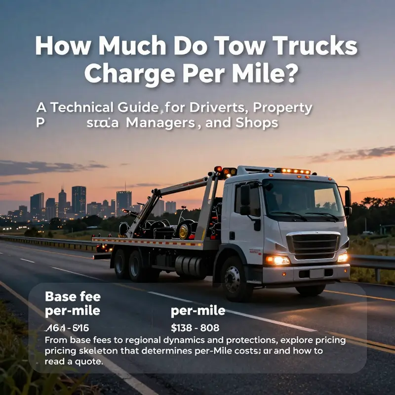 Tow truck on a highway at dusk with pricing indicators illustrating base fees and per-mile charges