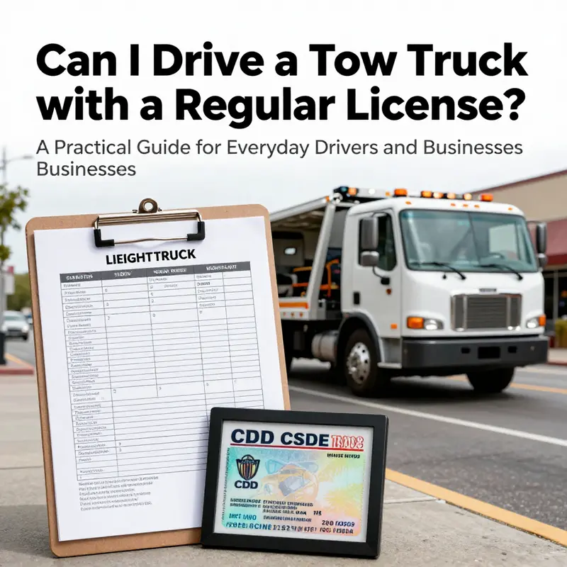 Tow truck on a city street with weight charts and a CDL license in the foreground.