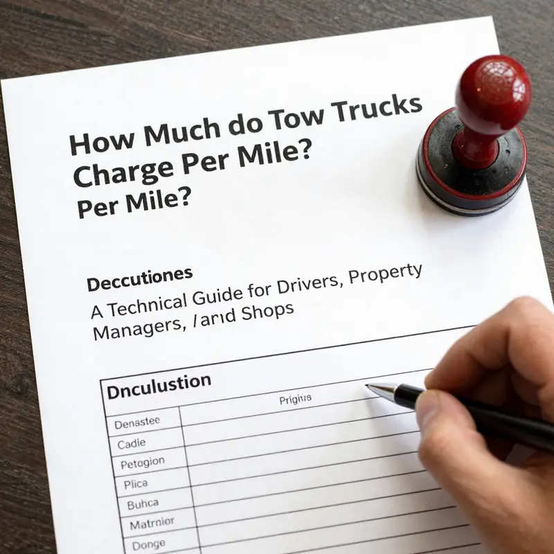 Base fees and per-mile rates illustrated on a pricing display alongside a tow truck.