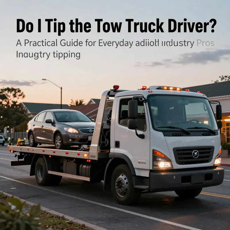 A tow truck helping a driver on a city street at dusk, symbolizing tipping etiquette.