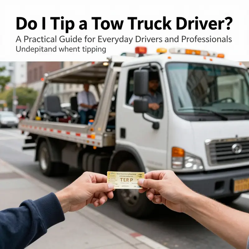 Urban tow truck scene showing a driver and customer engaging in a tip gesture.