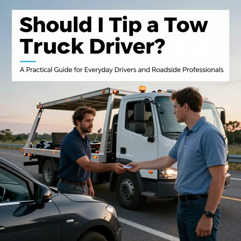 Photo-realistic cover image of a tow truck helping a stranded driver, with a tip exchange symbolizing appreciation.