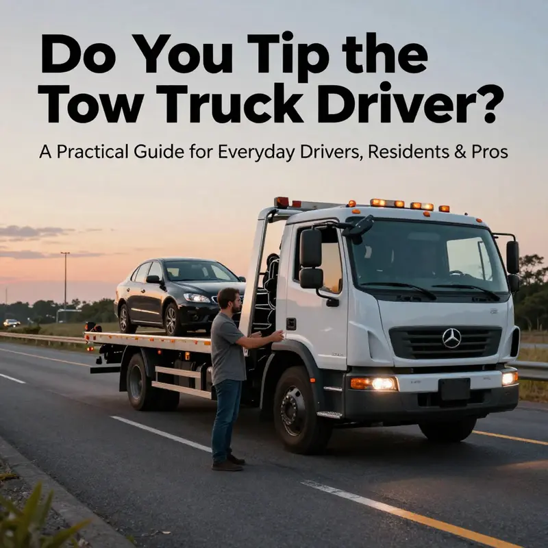 Tow truck driver and stranded motorist sharing a courteous gesture on a highway at dusk.