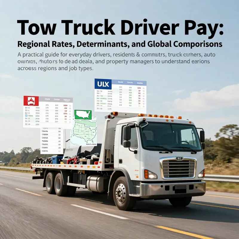 A tow truck on a highway at sunrise with overlaid salary data and regional markers showing pay differences.