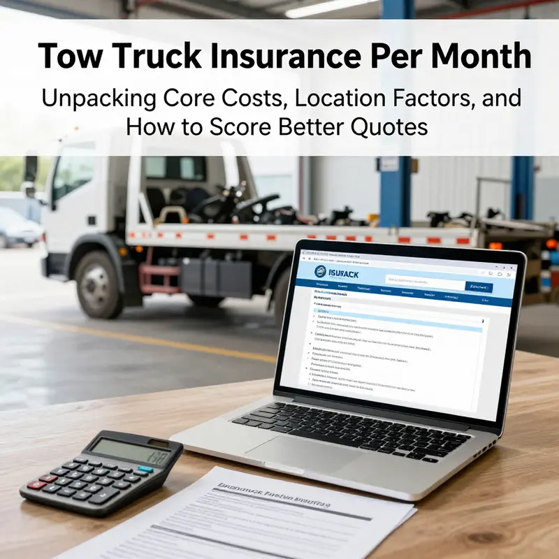 Tow truck in a service bay with policy documents and a calculator on a desk, representing insurance planning.
